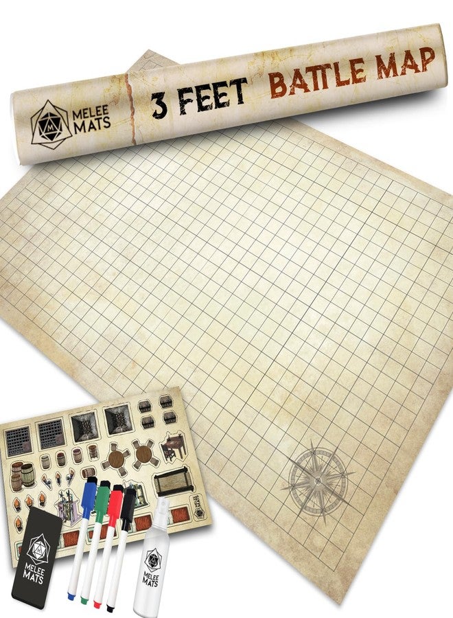 Melee Mats مجموعة خرائط بداية لعبة الاشتباك المباشر DND - 24 بوصة × 36 بوصة، شبكة تضاريس معركة قابلة للمسح الجاف والرطب لألعاب Dungeons and Dragons - تجربة لعب مثالية على الطاولة مع ملحقات - Image 1